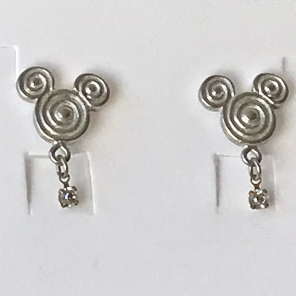 Vintage Disney Mickey Mouse Earrings Ears Icon Swirl Crystal Silver Disneyana - Picture 1 of 7